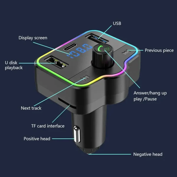 Car Bluetooth 5.0 FM Type-C Dual USB 3.1A Fast Charger Colorful – Image 3