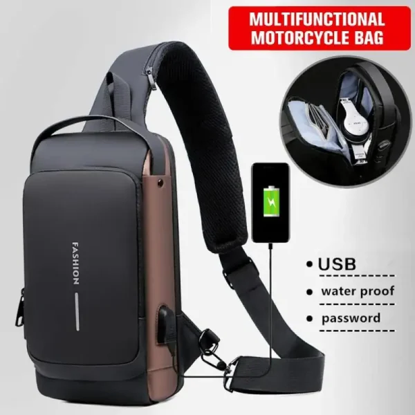 Men's Multifunction Anti-theft USB Shoulder Bag Man Crossbody - Color: Black & Brown – Image 2